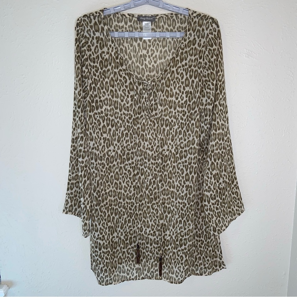 Tommy Bahama Tunic Beach Cover Up  Sheer Animal Print Lace Tassels Tie Sz M